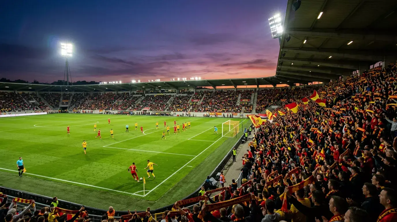 Voetbalstadion in België met supporters en groene grasmat tijdens een avondwedstrijd